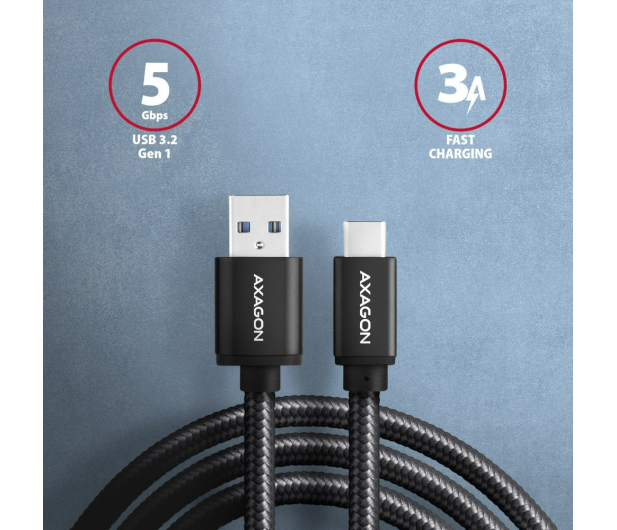 AXAGON BUCM3-AM15AB Kabel USB-C - USB-A, 1.5m, USB 3.2 Gen 1 3A, ALU, oplot, czarny - 1353470 - zdjęcie 5
